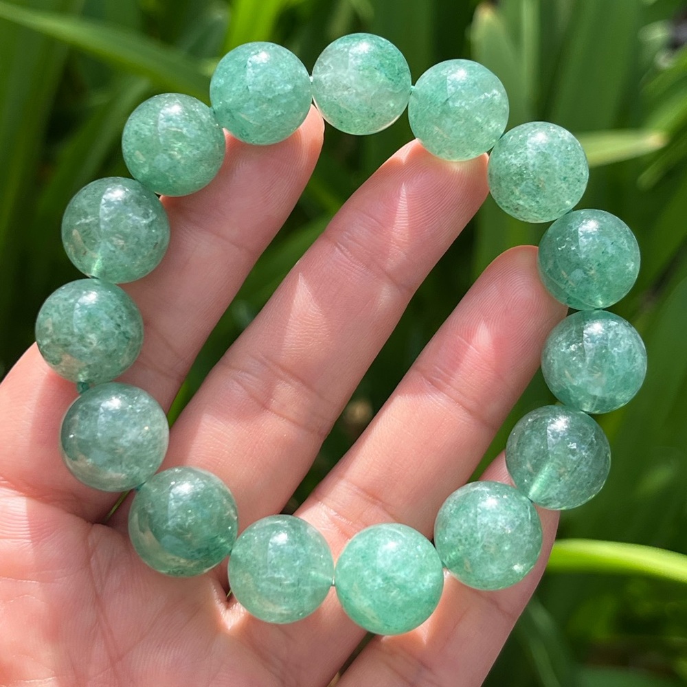 14mm stretchable chunky green strawberry quartz‎ bracelet 0107